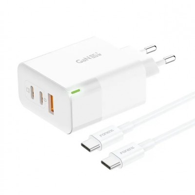 Мережевий зарядний пристрій Foneng USB-A 2xUSB-C GaN 65W White (GAN65) + кабель USB-C