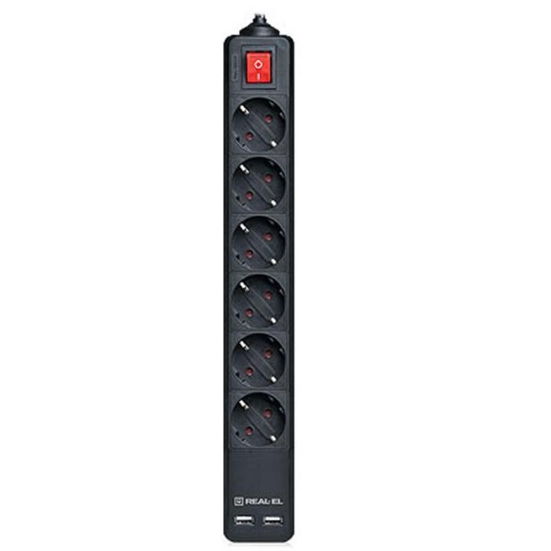 Купить ᐈ Кривой Рог ᐈ Низкая цена ᐈ Фильтр питания REAL-EL RS-6 Protect USB 5m Black