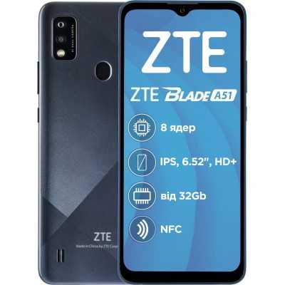 Купить ᐈ Кривой Рог ᐈ Низкая цена ᐈ Смартфон ZTE Blade A51 2/32GB Dual Sim Gray; 6.52" (1600х720) TFT / Spreadtrum SC9863A / ОЗУ