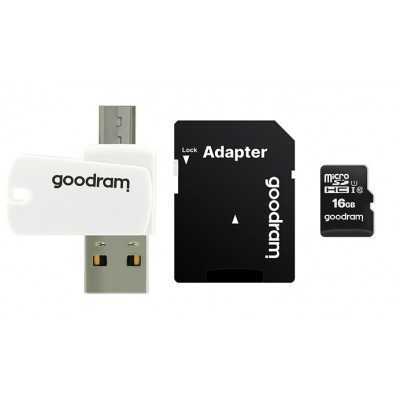 Купить ᐈ Кривой Рог ᐈ Низкая цена ᐈ Карта памяти MicroSDHC 16GB UHS-I Class 10 GOODRAM + SD-adapter + OTG Card reader (M1A4-016