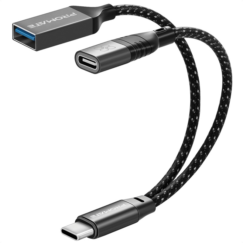 Купить ᐈ Кривой Рог ᐈ Низкая цена ᐈ Адаптер 3 в 1 Promate OTG Link-C USB Type-C - USB + USB Type-C (M/F), 0.16 м, Black (otglink