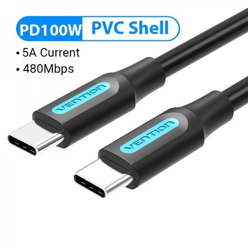 Купить ᐈ Кривой Рог ᐈ Низкая цена ᐈ Кабель Vention USB Type-C - USB Type-C TPE Round PD 100W, 5A, 0.5m, Black (COTBD)