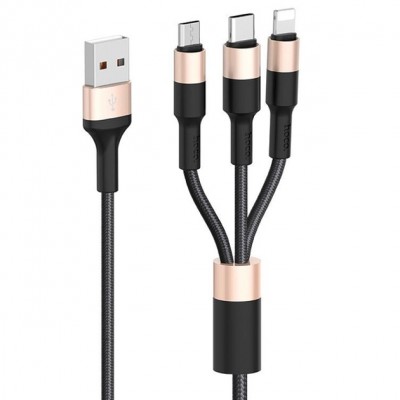 Купить ᐈ Кривой Рог ᐈ Низкая цена ᐈ Кабель Hoco X26 XPress Charging 3in1 USB - Lightning/micro USB/USB-C, 2A, 1м, Black/Gold (K1