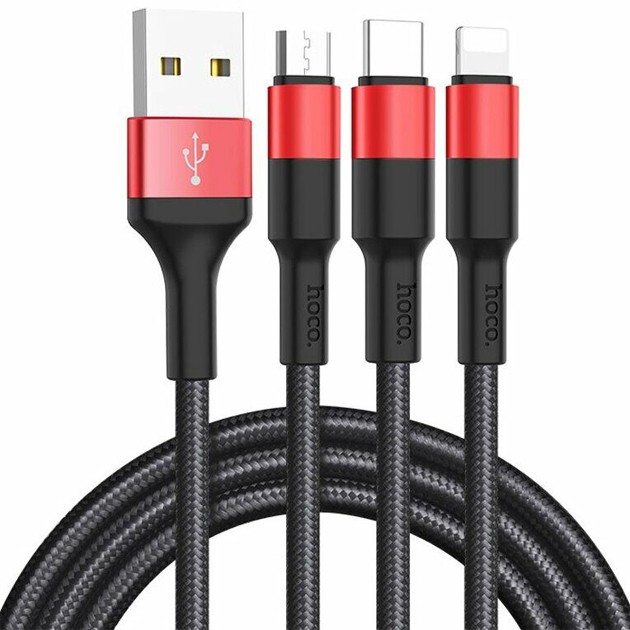 Купить ᐈ Кривой Рог ᐈ Низкая цена ᐈ Кабель Hoco X26 XPress Charging 3in1 USB - Lightning/micro USB/USB-C, 2A, 1м, Black/Red (K22