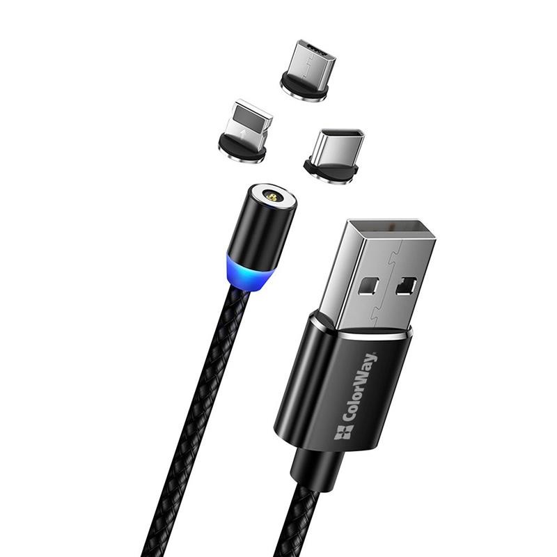 Купить ᐈ Кривой Рог ᐈ Низкая цена ᐈ Кабель ColorWay Magnetic USB - Lightning + micro USB + USB Type-C (M/M), 2.4 А, 1 м, Black (
