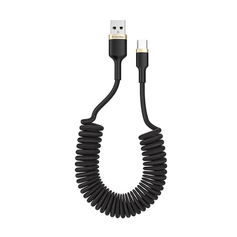 Купить ᐈ Кривой Рог ᐈ Низкая цена ᐈ Кабель ColorWay USB - USB Type-C (M/M), Spiral, 2.4 А, 1 м, Black (CW-CBUC051-BK)