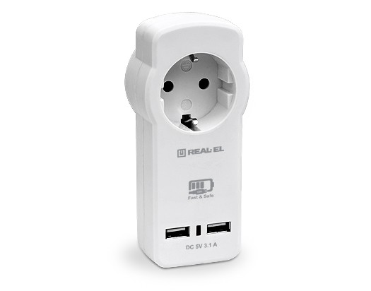 Купить ᐈ Кривой Рог ᐈ Низкая цена ᐈ Сетевое зарядное устройство с розеткой REAL-EL CS-30 (2USB, 3.1A) White