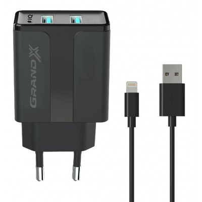 Купить ᐈ Кривой Рог ᐈ Низкая цена ᐈ Сетевое зарядное устройство Grand-X (1xUSB 2.4A) Black (CH15LTB) + кабель Lightning