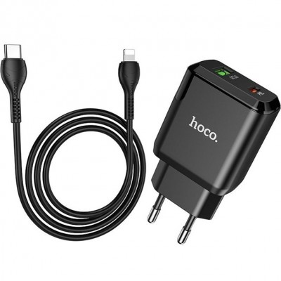Купить ᐈ Кривой Рог ᐈ Низкая цена ᐈ Сетевое зарядное устройство Hoco N5 (1USB 3A QC3.0 + 1 PD Type-C) Black (S25719) + кабель Li