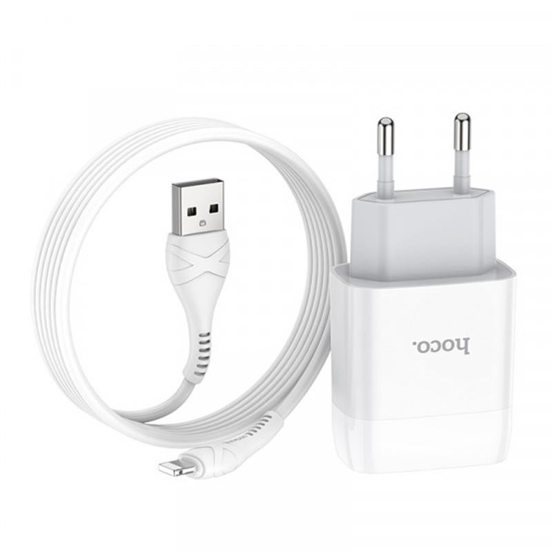 Купить ᐈ Кривой Рог ᐈ Низкая цена ᐈ Зарядное устройство Hoco C72A Glorious (1USB, 2.1А) White (6931474712998) + кабель Lightning