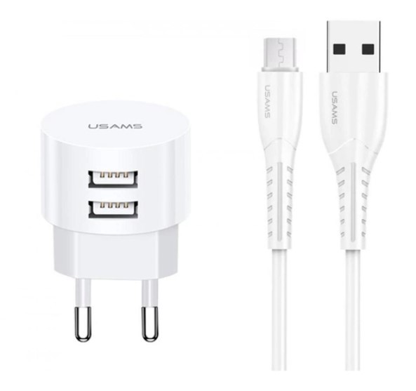 Купить ᐈ Кривой Рог ᐈ Низкая цена ᐈ Сетевое зарядное устройство Usams T20 (2USB, 2.1А) White (XTXLOGT18MC05) + кабель MicroUSB