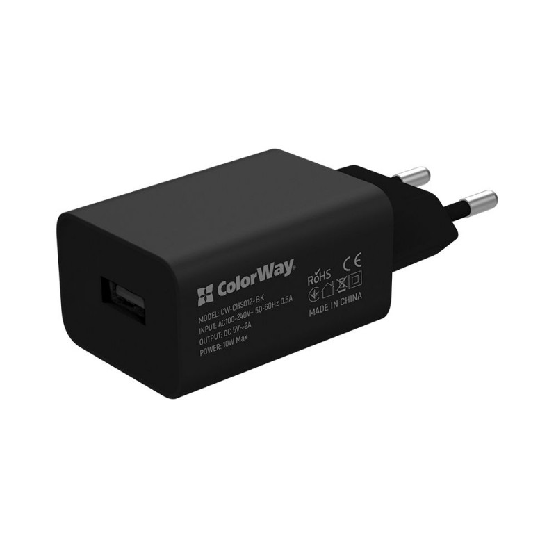 Купить ᐈ Кривой Рог ᐈ Низкая цена ᐈ Сетевое зарядное устройство ColorWay (1USBx2A) Black (CW-CHS012CC-BK) + кабель USB Type-C