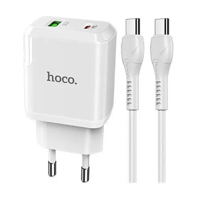 Купить ᐈ Кривой Рог ᐈ Низкая цена ᐈ Сетевое зарядное устройство Hoco N5 (1USB 3A QC3.0 + 1 PD Type-C) White (S25717) + кабель Ty