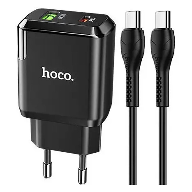 Купить ᐈ Кривой Рог ᐈ Низкая цена ᐈ Сетевое зарядное устройство Hoco N5 (1USB 3A QC3.0 + 1 PD Type-C) Black (S25720) + кабель Ty