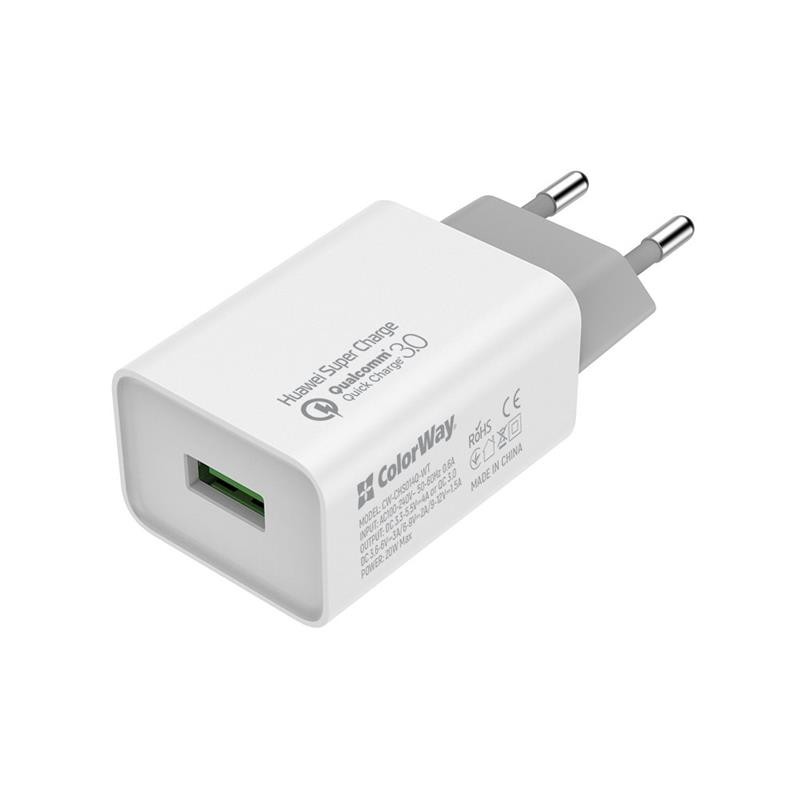 Купить ᐈ Кривой Рог ᐈ Низкая цена ᐈ Сетевое зарядное устройство ColorWay QC3.0 (1USBx4A) White (CW-CHS014Q-WT)