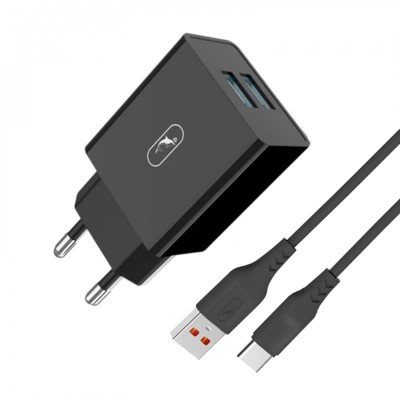 Купить ᐈ Кривой Рог ᐈ Низкая цена ᐈ Зарядное устройство SkyDolphin SC30T (2USB, 2.1A) Black (MZP-000171) + кабель USB Type-C