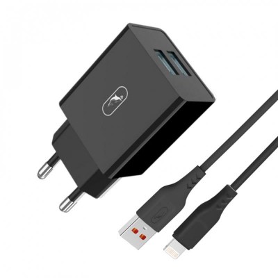 Купить ᐈ Кривой Рог ᐈ Низкая цена ᐈ Зарядное устройство SkyDolphin SC30L (2USB, 2.1A) Black (MZP-000170) + кабель Lightning