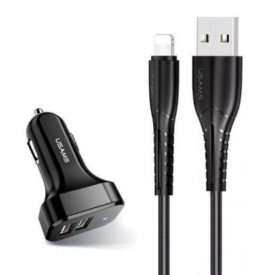 Купить ᐈ Кривой Рог ᐈ Низкая цена ᐈ Автомобильное зарядное устройство Usams U35 (2xUSB, 2.1A) Black (6958444985961) + кабель Lig