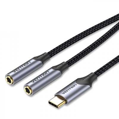 Купить ᐈ Кривой Рог ᐈ Низкая цена ᐈ Кабель Vention 2х3.5 мм - USB Type-C (F/M), 0.3 м, Black (BGNHY)