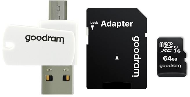 Купить ᐈ Кривой Рог ᐈ Низкая цена ᐈ Карта памяти MicroSDXC  64GB UHS-I Class 10 GOODRAM + SD-adapter + OTG Card reader (M1A4-064