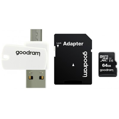 Купить ᐈ Кривой Рог ᐈ Низкая цена ᐈ Карта памяти MicroSDXC  64GB UHS-I Class 10 GOODRAM + SD-adapter + OTG Card reader (M1A4-064