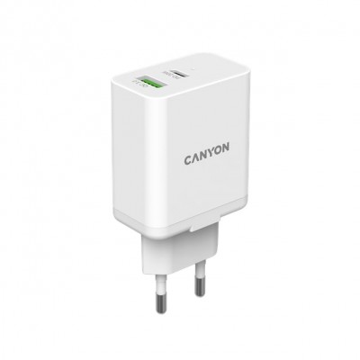 Мережевий зарядний пристрій Canyon H-20-03 (2USB, 3A) PD, QC3.0 White (CNE-CHA20W03)