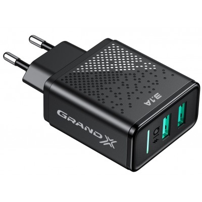 Купить ᐈ Кривой Рог ᐈ Низкая цена ᐈ Сетевое зарядное устройство Grand-X (2xUSB 3.1А) Black (CH-60) с защитой от перегрузки