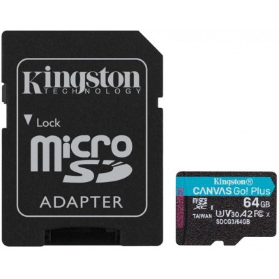 Купить ᐈ Кривой Рог ᐈ Низкая цена ᐈ Карта памяти MicroSDXC 64GB UHS-I/U3 Class 10 Kingston Canvas Go! Plus R170/W70MB/s + SD-ад