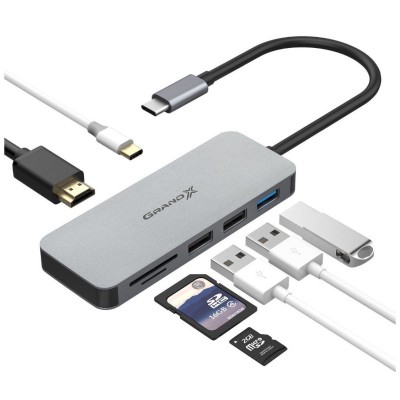 Купить ᐈ Кривой Рог ᐈ Низкая цена ᐈ Концентратор USB 3.1 Type-C Grand-X PD Сharging HDMI/3хUSB/Type-C/OTG/CR (SG-512)